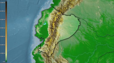 Efsanevi stereografik projeksiyondaki Ekvador bölgesinin fiziksel haritası - koyu parlak dış hatlı raster tabakalarının ham bileşimi