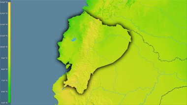 Efsanevi stereografik projeksiyondaki Ekvador bölgesindeki ortalama diurnal sıcaklık değişkeni - koyu parlak dış hatlı raster tabakalarının ham bileşimi