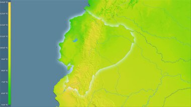 Efsanevi stereografik projeksiyondaki Ekvador bölgesindeki ortalama diurnal sıcaklık değişkeni - ışık parlayan ana hatlı raster tabakalarının ham bileşimi