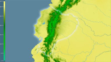 Efsanevi stereografik projeksiyonda Ekvador bölgesindeki en sıcak ayın maksimum sıcaklığı - ışık saçan ana hatlı raster tabakalarının ham bileşimi