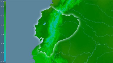 Efsanevi stereografik projeksiyondaki Ekvador bölgesindeki en soğuk ayın en düşük sıcaklığı - ışık saçan dış hatlı raster tabakalarının ham bileşimi