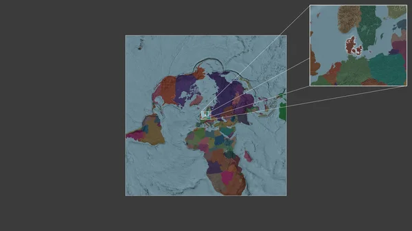 从世界大比例尺地图中提取出的丹麦扩大和扩大的区域 其主要线连接了框架的各个角落 行政区划的彩色地图 — 图库照片