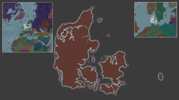 丹麦的近景及其在该地区的位置 以及在一个大比例尺世界地图中心的位置 行政区划的彩色地图 — 图库照片