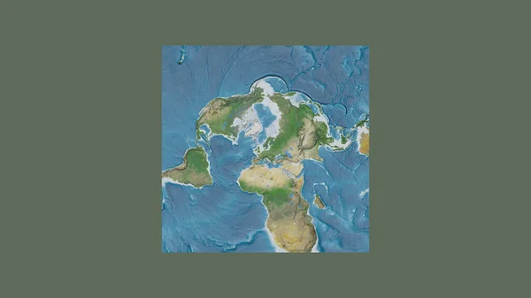 デンマークの領土を中心に斜めのヴァン グリンテン投影で世界の大規模な地図の正方形のフレーム 衛星画像 — ストック写真