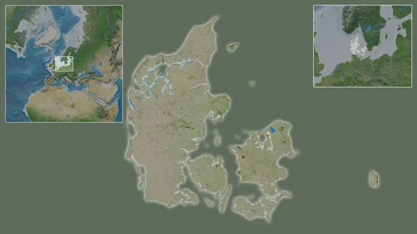 デンマークの閉鎖と地域と大規模な世界地図の中心部に位置しています 衛星画像 — ストック写真