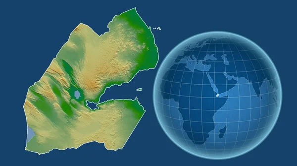 ジブチ 青い背景に孤立した輪郭を持つ拡大地図に対して 国の形をした球体 色物理図 — ストック写真