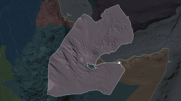 ジブチのハイライトされた地域は その近隣の荒廃した地図上の首都ポイントを持ちます 行政庁のカラーマップ — ストック写真