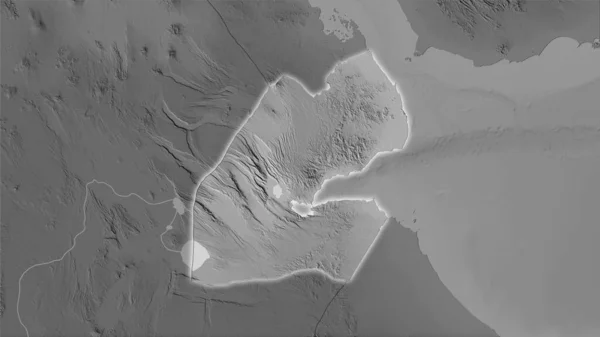立体投影のグレースケール標高マップ上のジブチエリア 光輝く輪郭を持つラスター層の生の組成 — ストック写真
