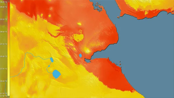 凡例と立体投影のジブチエリア内で最も暖かい四半期の平均気温 ラスター層の生の組成 — ストック写真
