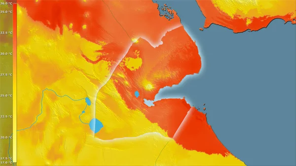 凡例付きの立体投影のジブチエリア内で最も暖かい四半期の平均気温 光輝く輪郭を持つラスター層の生の組成 — ストック写真