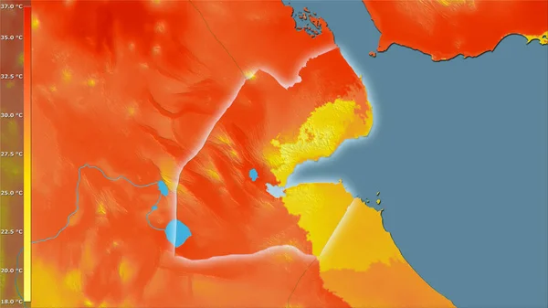 凡例付きの立体投影のジブチエリア内で最も暖かい四半期の平均気温 光輝く輪郭を持つラスター層の生の組成 — ストック写真