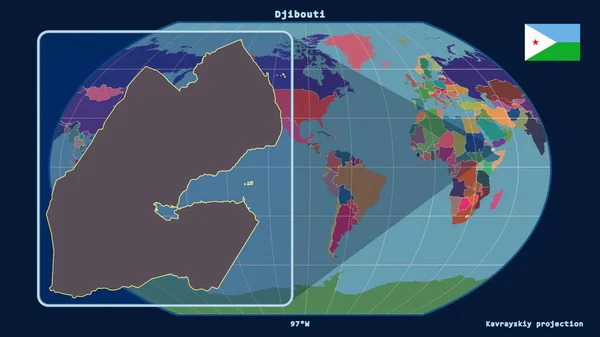 ジブチのアウトラインを視野に入れ カヴァライスキー計画における世界地図に対する遠近法線を拡大した 左側の形 行政区画のカラーマップ — ストック写真