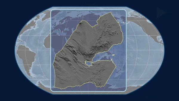 ジブチのアウトラインを視野に入れ カヴァライスキー計画における世界地図に対する遠近法線を拡大した 形を中心に グレースケール標高図 — ストック写真