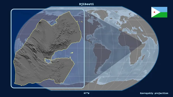 Увеличен Виду Контура Джибути Перспективными Линиями Против Глобальной Карты Каврайской — стоковое фото