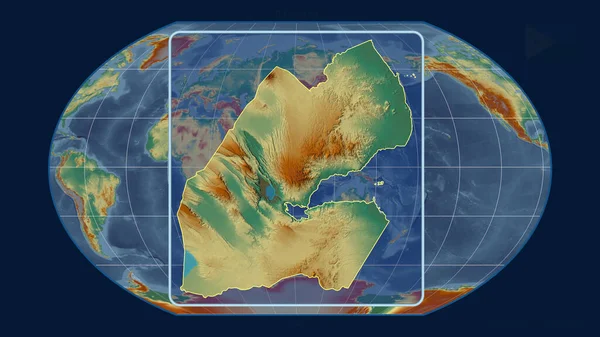 Zoomed-in view of Djibouti outline with perspective lines against a global map in the Kavrayskiy projection. Shape centered. topographic relief map
