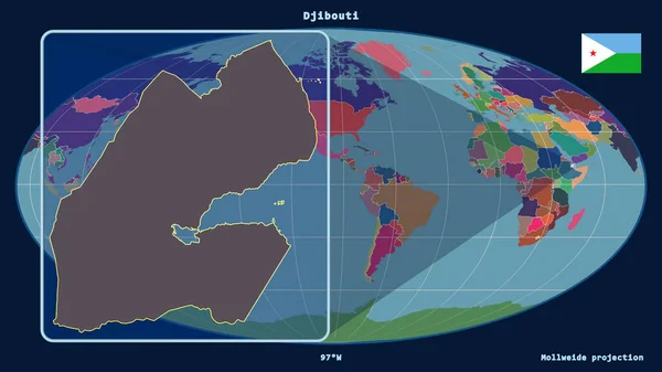 モルジブチのアウトラインを視野に入れ モルジブのプロジェクションにおける世界地図に対する遠近法線を拡大した 左側の形 行政区画のカラーマップ — ストック写真