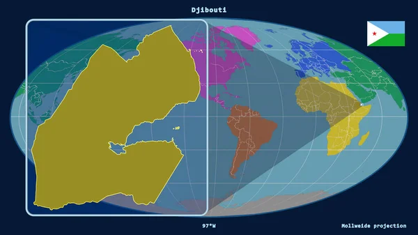 モルジブチのアウトラインを視野に入れ モルジブのプロジェクションにおける世界地図に対する遠近法線を拡大した 左側の形 大陸のカラーマップ — ストック写真