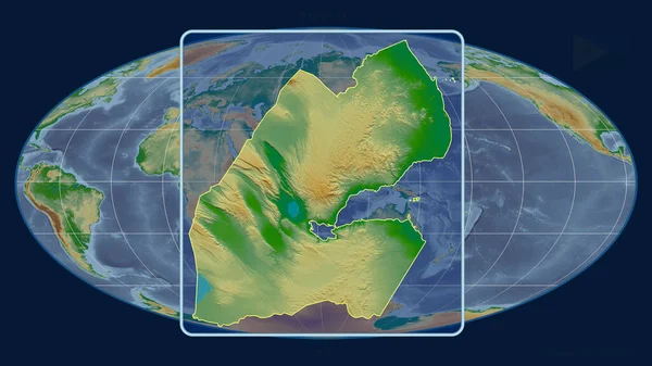 Nagyítás Dzsibuti Körvonalra Perspektívákkal Mollweide Projekció Globális Térképével Szemben Alakzat — Stock Fotó