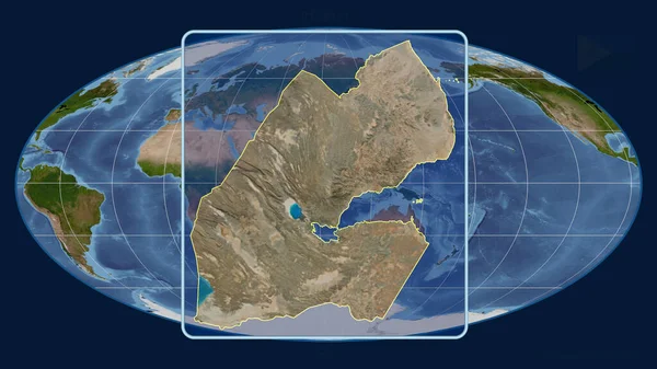 Nagyítás Dzsibuti Körvonalra Perspektívákkal Mollweide Projekció Globális Térképével Szemben Alakzat — Stock Fotó