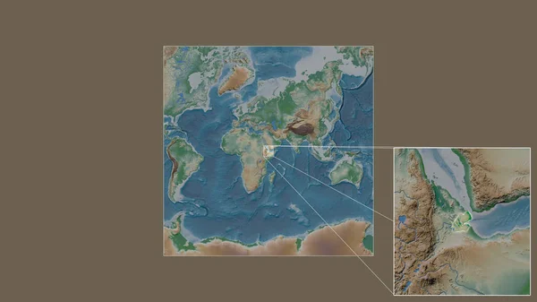 吉布提扩大和扩大的地区是从世界大比例尺地图中提取出来的 其主要线连接了框架的各个角落 彩色物理图 — 图库照片