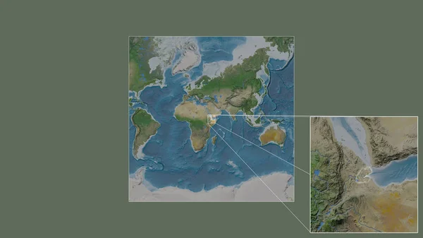 世界の大規模な地図から抽出されたジブチの拡大拡大領域とフレームの隅を結ぶ主要線 衛星画像 — ストック写真