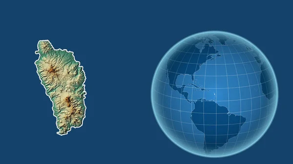 Dominica Globo Con Forma Del País Contra Mapa Ampliado Con — Foto de Stock