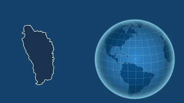 Домініка Глобус Формі Країни Проти Збільшеної Карти Контуром Ізольованим Синьому — стокове фото