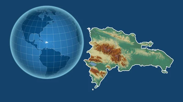 Dominikana Globus Kształcie Kraju Powiększonej Mapie Odizolowanym Zarysem Niebieskim Tle — Zdjęcie stockowe