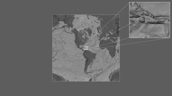 世界の大規模な地図から抽出されたドミニカナの拡大および拡大領域と フレームの隅を結ぶ主要な線 標高マップ — ストック写真