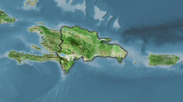 衛星D地図上のドミニカ共和国領域の立体投影 暗い輝線の輪郭を持つラスター層の生の組成 — ストック写真