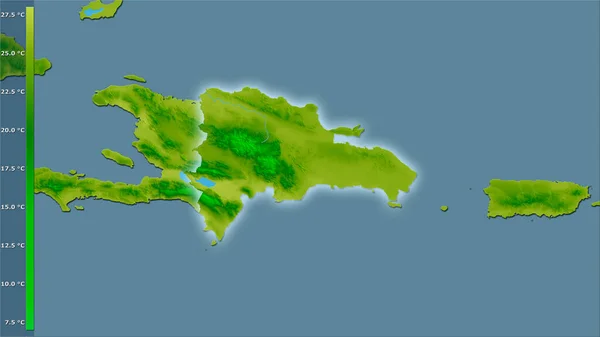 凡例付きの立体投影のドミニカ共和国エリア内の年間平均気温 光輝く輪郭を持つラスター層の生の組成 — ストック写真