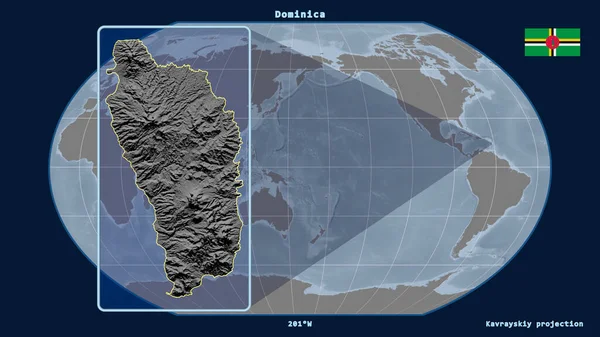 Přiblížený Pohled Dominiku Perspektivními Liniemi Proti Globální Mapě Projekci Kavrayskiy — Stock fotografie