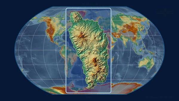 Přiblížený Pohled Dominiku Perspektivními Liniemi Proti Globální Mapě Projekci Kavrayskiy — Stock fotografie