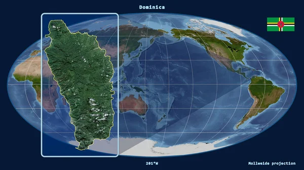 Přiblížený Pohled Dominiku Perspektivními Liniemi Proti Globální Mapě Mollweidově Projekci — Stock fotografie