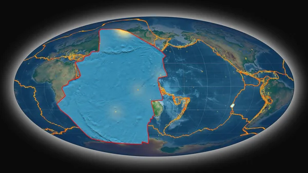 复活节板块挤压并呈现在莫尔维德投影中的全球彩色物理地图上 3D渲染 — 图库照片