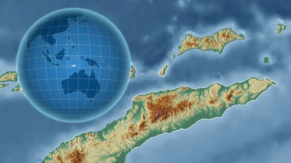 Timor Est Globo Con Forma Del Paese Contro Mappa Ingrandita — Foto Stock