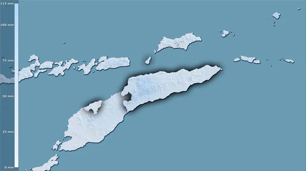 伝説との立体投影における東チモール地域内の乾燥した四半期の降水量 暗い輝く輪郭を持つラスター層の生の組成 — ストック写真