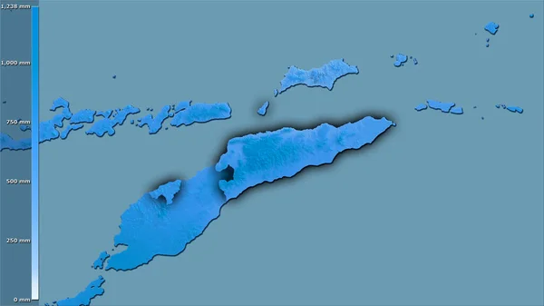 伝説との立体投影の東チモール地域内で最も雨の多い四半期の降水量 暗い輝く輪郭を持つラスター層の生の組成 — ストック写真