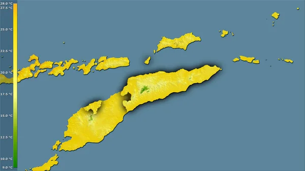 东帝汶地区内立体图投影中最冷的部分的平均温度 带有深色发光轮廓的栅格层的原始组成 — 图库照片