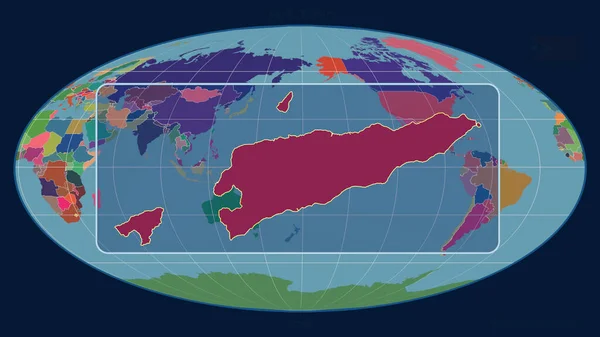 東チモールのアウトラインを視野線で拡大し モルワイド予測の世界地図に対して 形を中心に 行政区画のカラーマップ — ストック写真