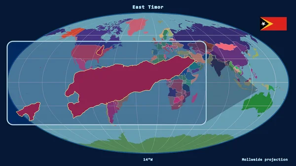 Mollweide Projeksiyonundaki Küresel Haritaya Karşı Perspektif Çizgileriyle Doğu Timor Yakınlaştırılmış — Stok fotoğraf