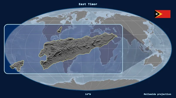Увеличенный Вид Восточного Тимора Перспективными Линиями Против Глобальной Карты Проекции — стоковое фото