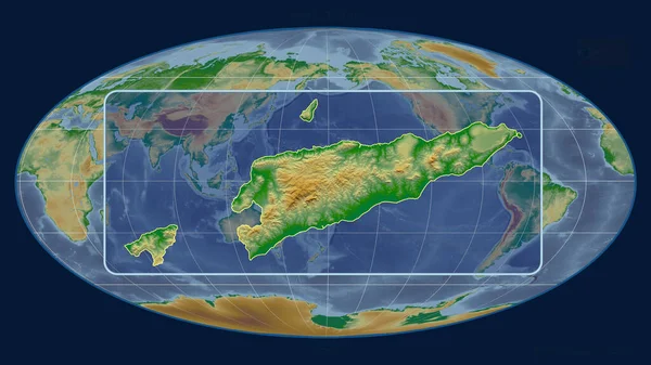 以Mollweide投影中的全球地图为参照 用透视线放大了东帝汶的轮廓 形体中心 彩色物理图 — 图库照片