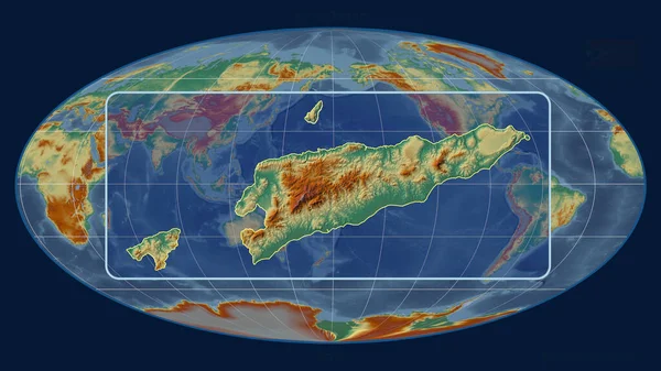 Zoomed-in view of East Timor outline with perspective lines against a global map in the Mollweide projection. Shape centered. topographic relief map