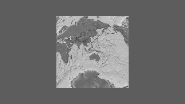 Square frame of the large-scale map of the world in an oblique Van der Grinten projection centered on the territory of East Timor. Bilevel elevation map