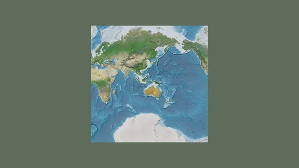 東チモールの領土を中心に斜めのヴァン グリンテン投影で世界の大規模な地図の正方形のフレーム 衛星画像 — ストック写真