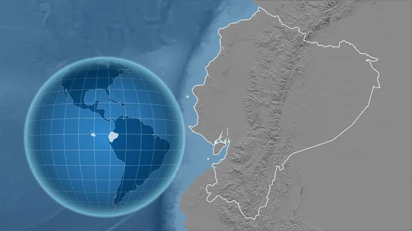 Ecuador. Globe with the shape of the country against zoomed map with its outline. grayscale elevation map