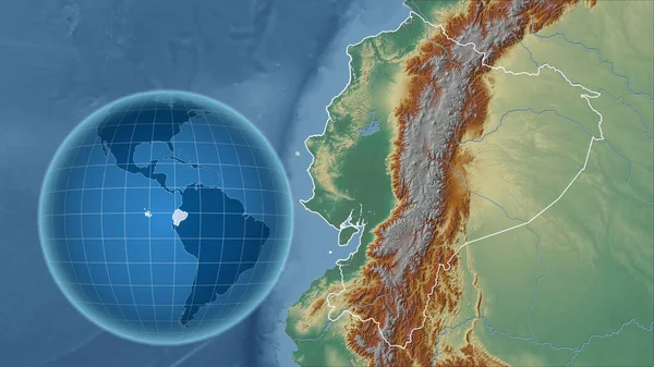 Ekvádor Globe Tvarem Země Proti Zvětšené Mapě Jeho Obrysem Mapa — Stock fotografie