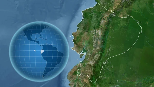 Ecuador. Globe with the shape of the country against zoomed map with its outline. satellite imagery