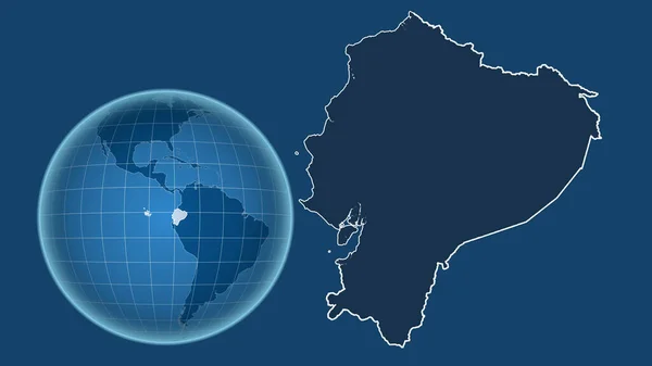 Еквадор Глобус Формі Країни Проти Збільшеної Карти Контуром Ізольованим Синьому — стокове фото
